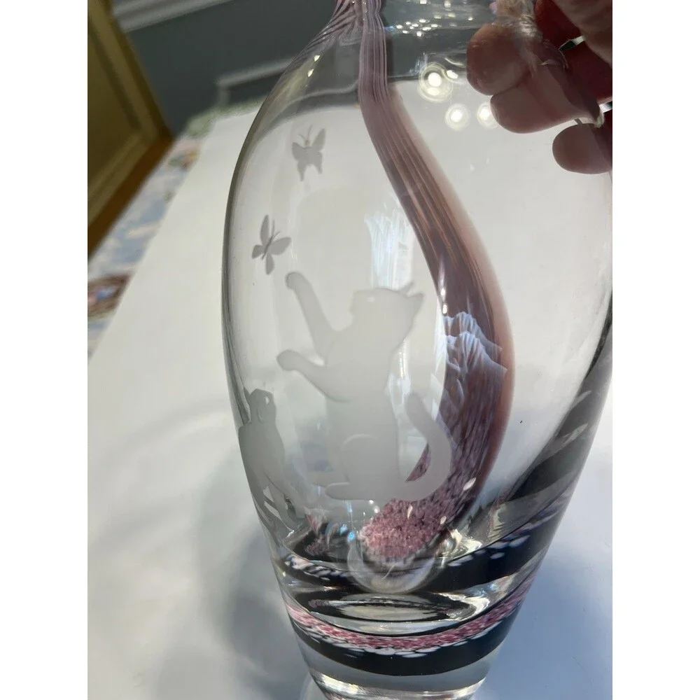 RARE!! Lenox Art Glass Etched Frosted Kitten Cats Pink Swirl 8” Vase Scotland